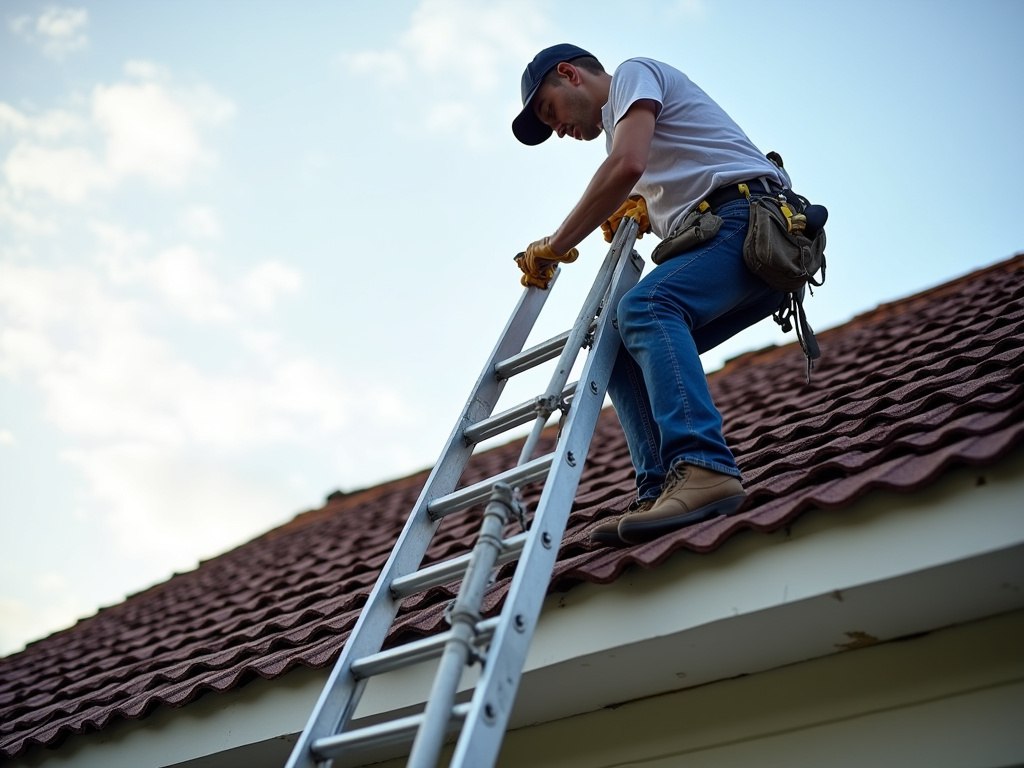 Roofer on ladder — roof repair dacula ga