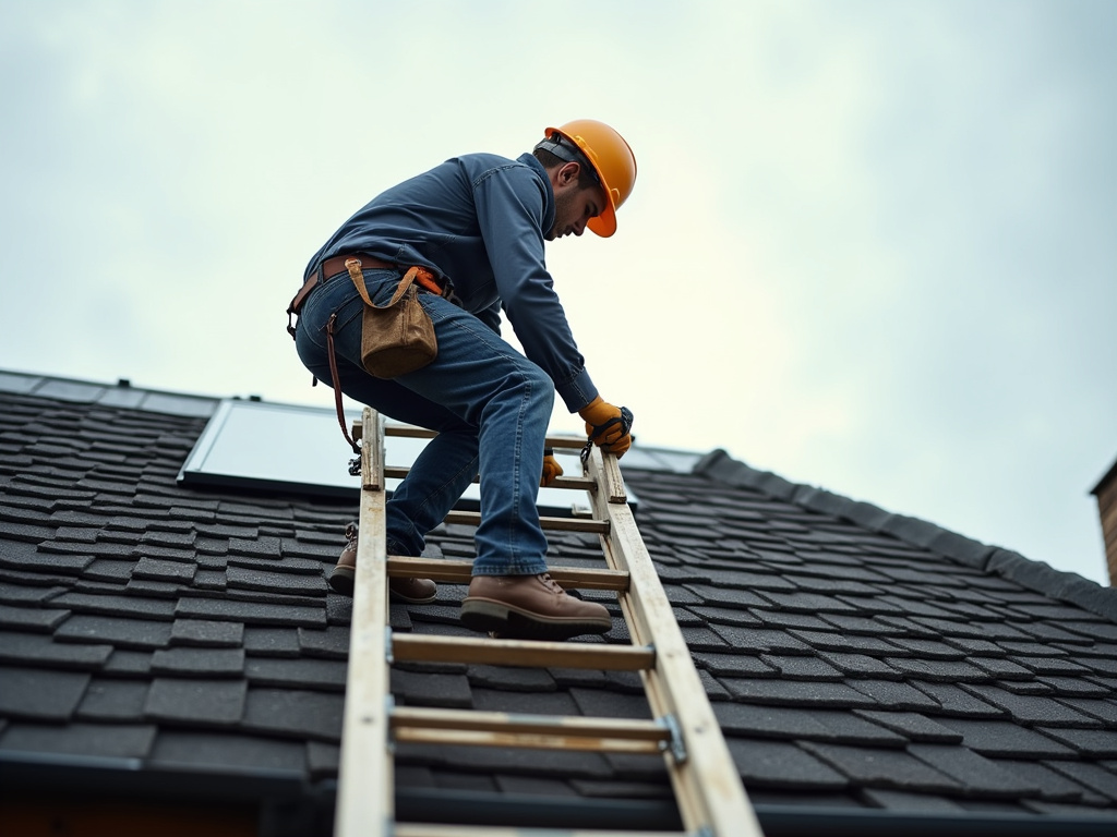 Roofer on ladder — roofing dacula ga