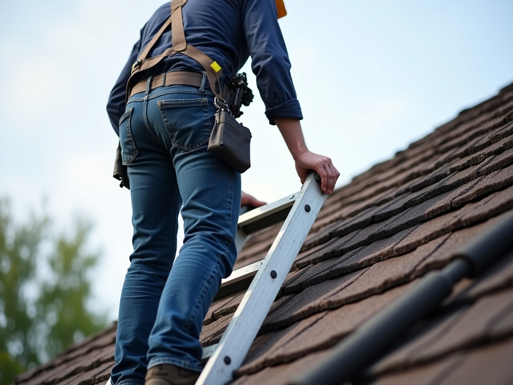 Roofer on ladder — roofing dacula ga