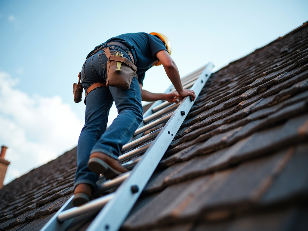 Roofer on ladder — roofing dacula ga