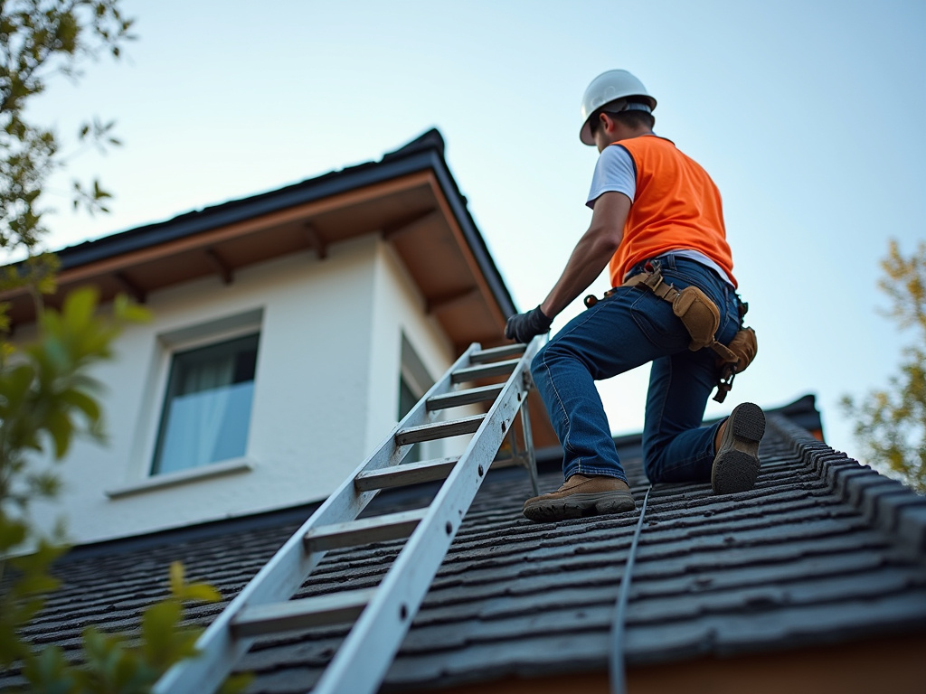 Roofer on ladder — roofing dacula ga