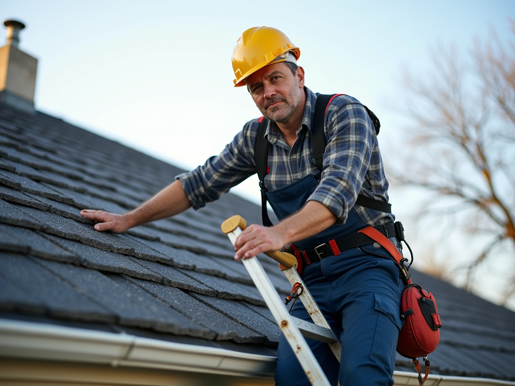 Roofer on ladder — roofing dacula ga