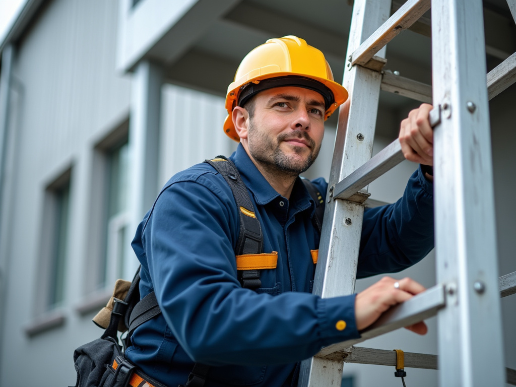 Technician on ladder — off-grid infrastructure lighting