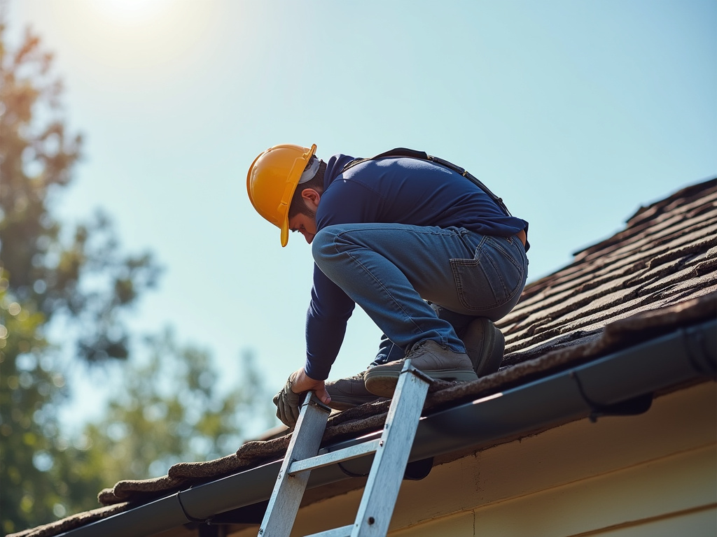 Roofer on ladder — roof repair dacula ga