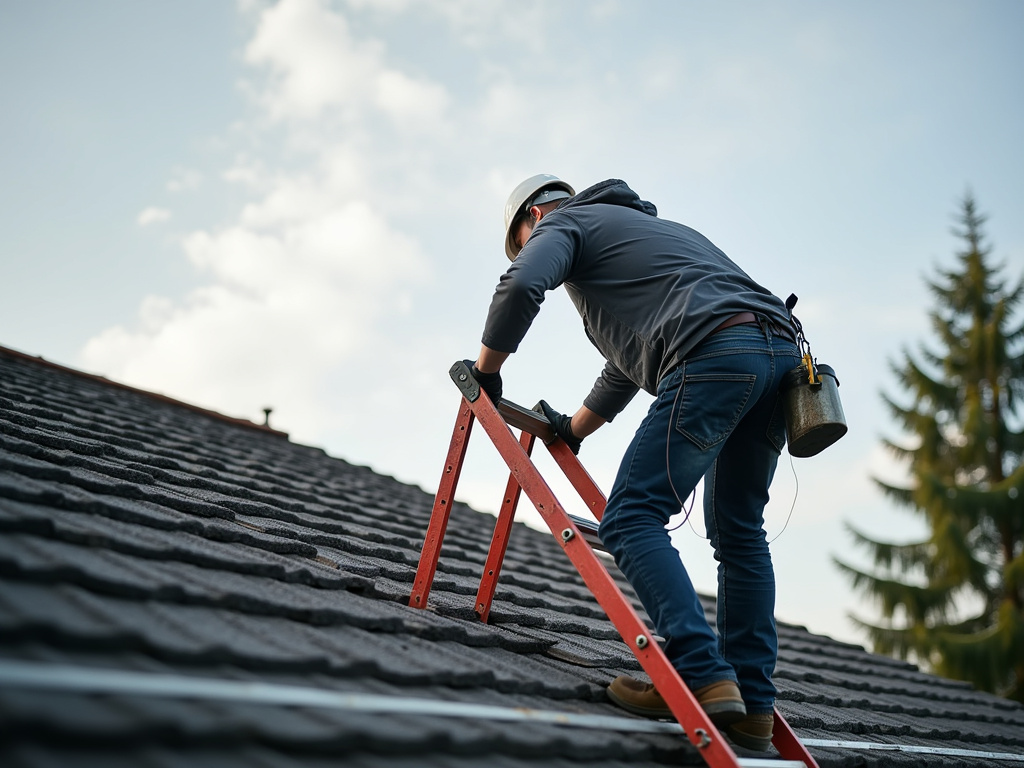 Roofer on ladder — roof repair dacula ga