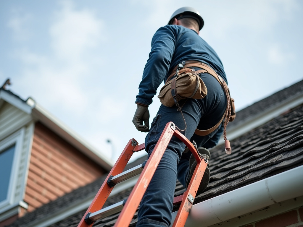 Roofer on ladder — roof repair dacula ga