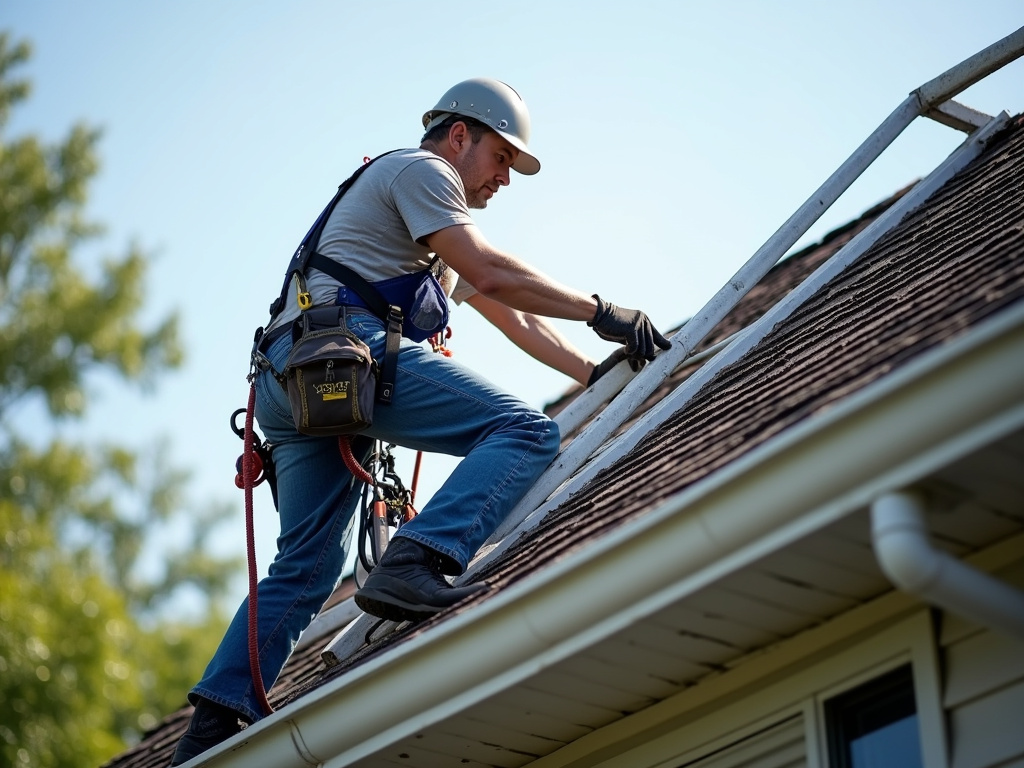 Roofer on ladder — roof repair dacula ga
