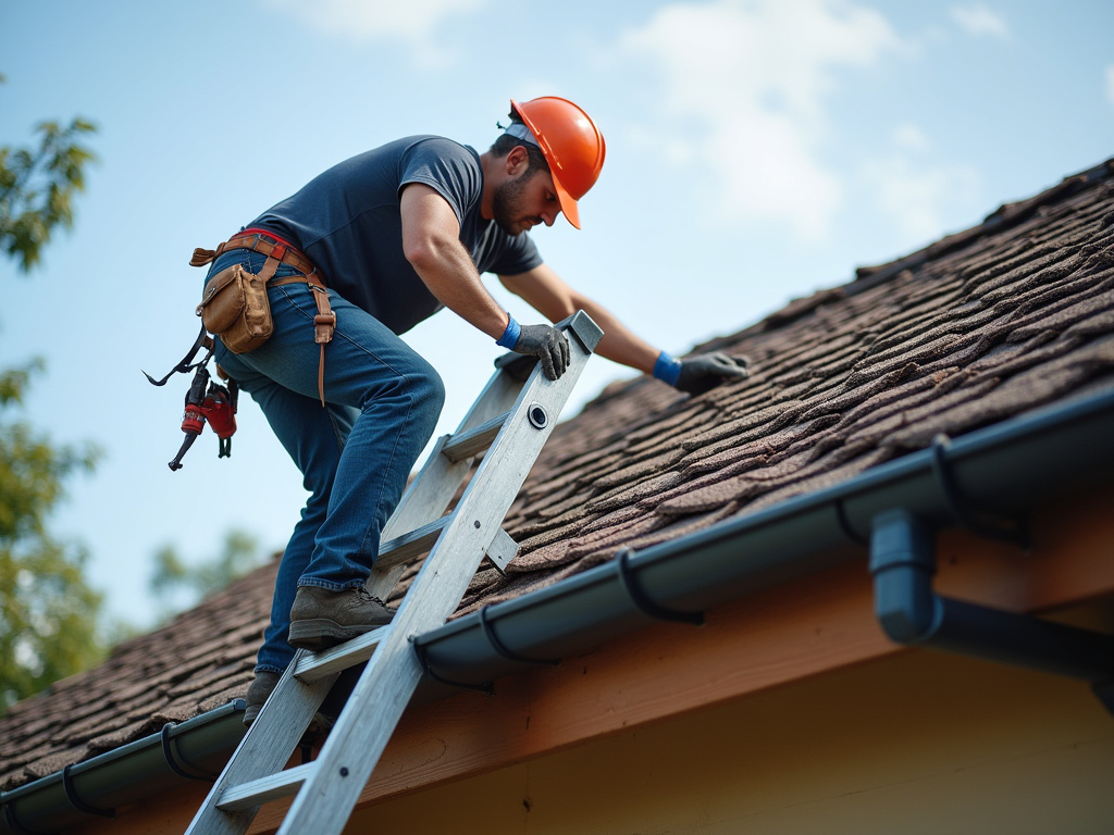Roofer on ladder — roof repair dacula ga
