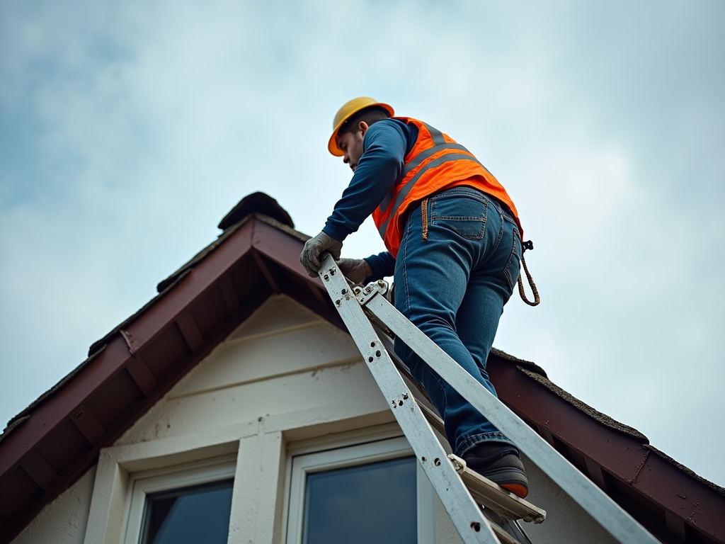 Roofer on ladder — roofing dacula ga