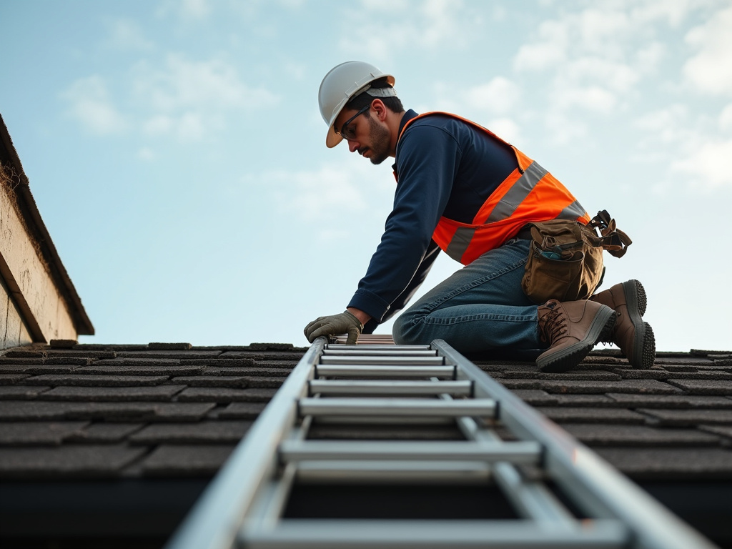Roofer on ladder — roofing dacula ga