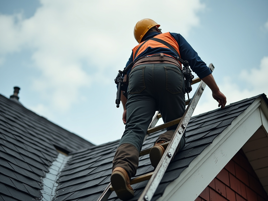 Roofer on ladder — roofing dacula ga