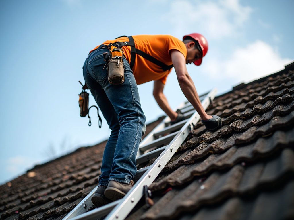 Roofer on ladder — roofing dacula ga