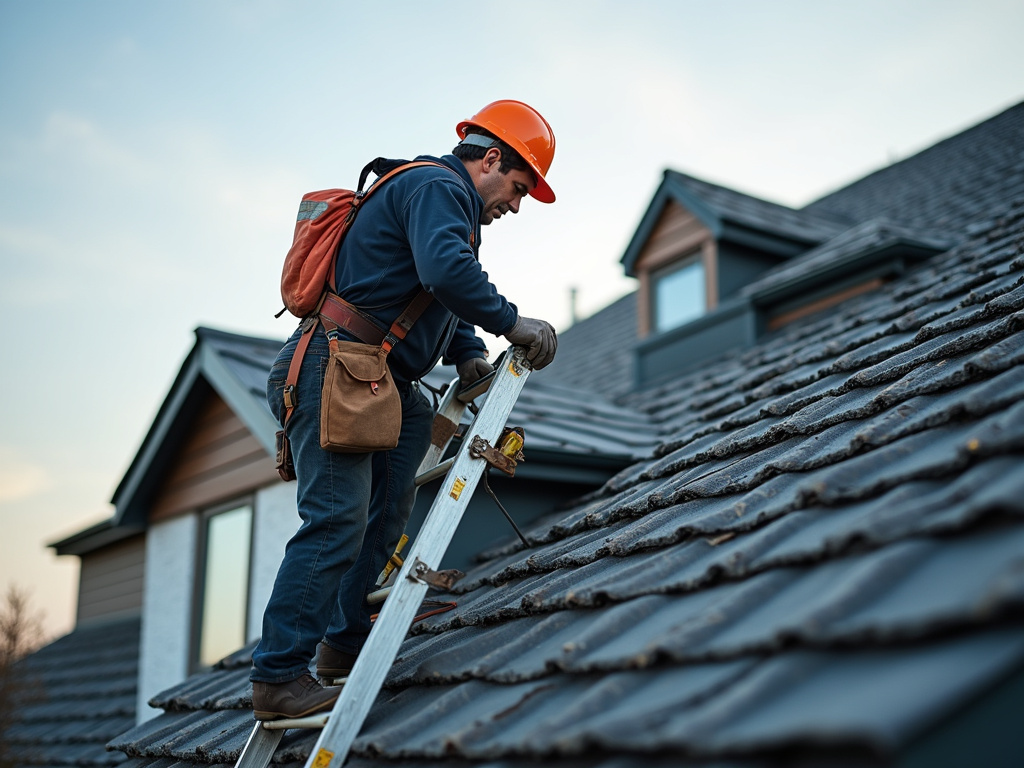 Roofer on ladder — roofing dacula ga